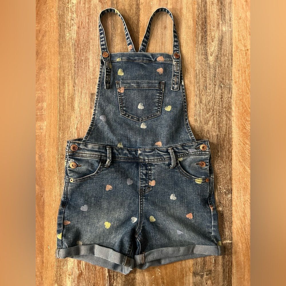 Cat & Jack Denim Overall Shorts with Heart Pattern, Size Medium 10-12